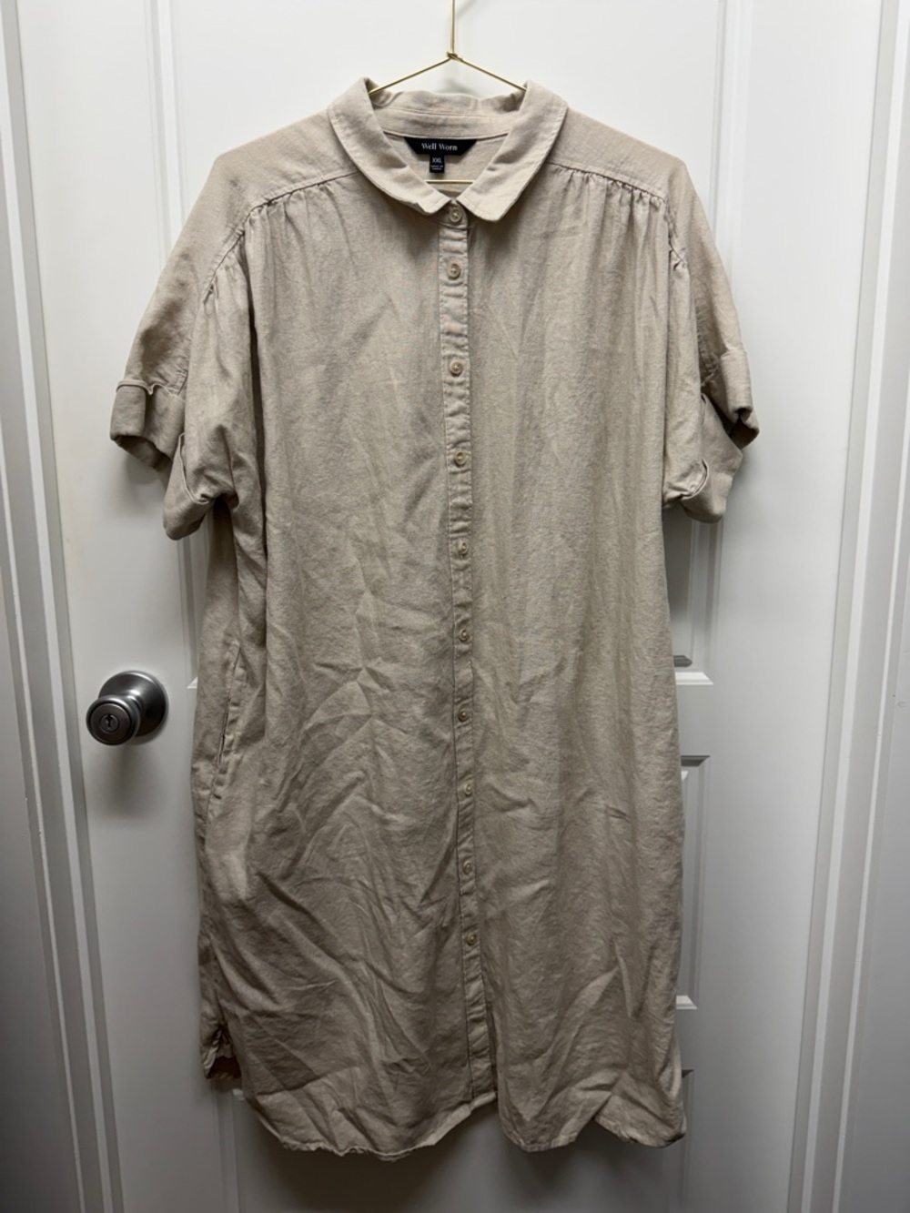 Well Worn Beige Button-Front Midi Dress